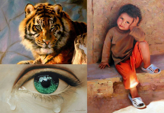 تصویر نقاشی شده با آبرنگ چسر بجه نشسته و پلنگ و چشم انسان