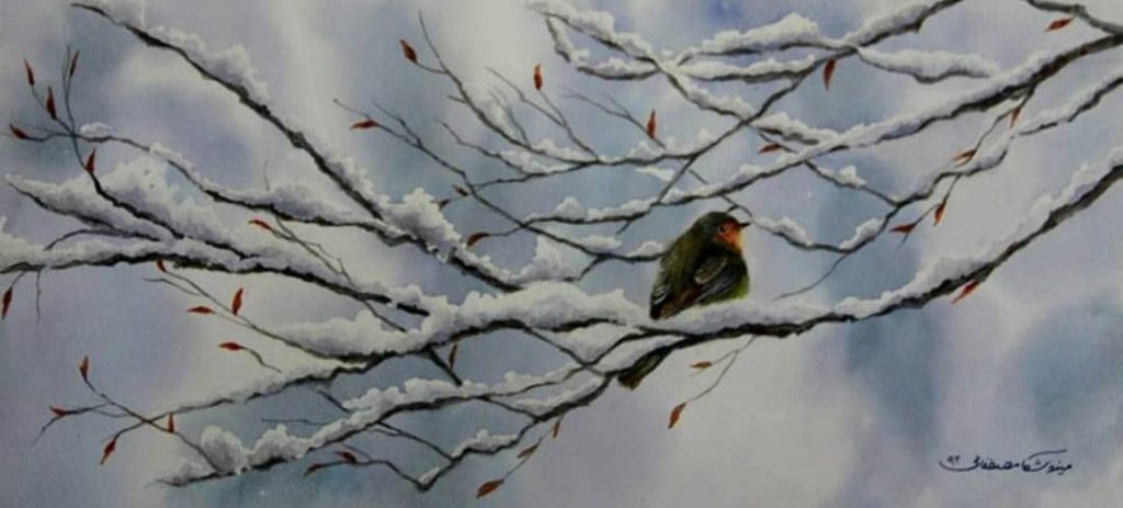 تصویر نقاشی شده با آبرنگ پرنده ای نشسته بر روی شاخه برفی درخت