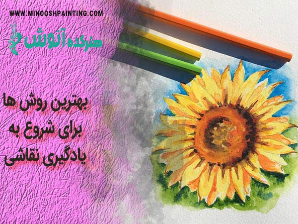 تصویر گل آفتاب گردان کشیده شده با مداد رنگی به همراه متن بهترین روش ها برای شروع یادگیری نقاشی