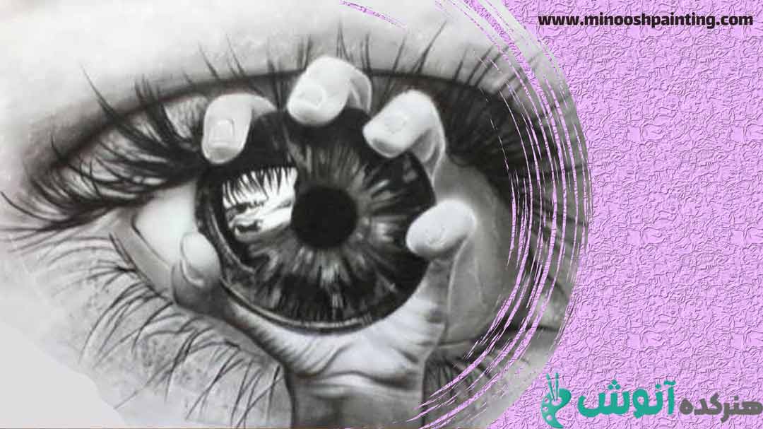 تصویر طراحی شده دستی که در مشت خود مردمک چشم دارد و چشم در پشتش است