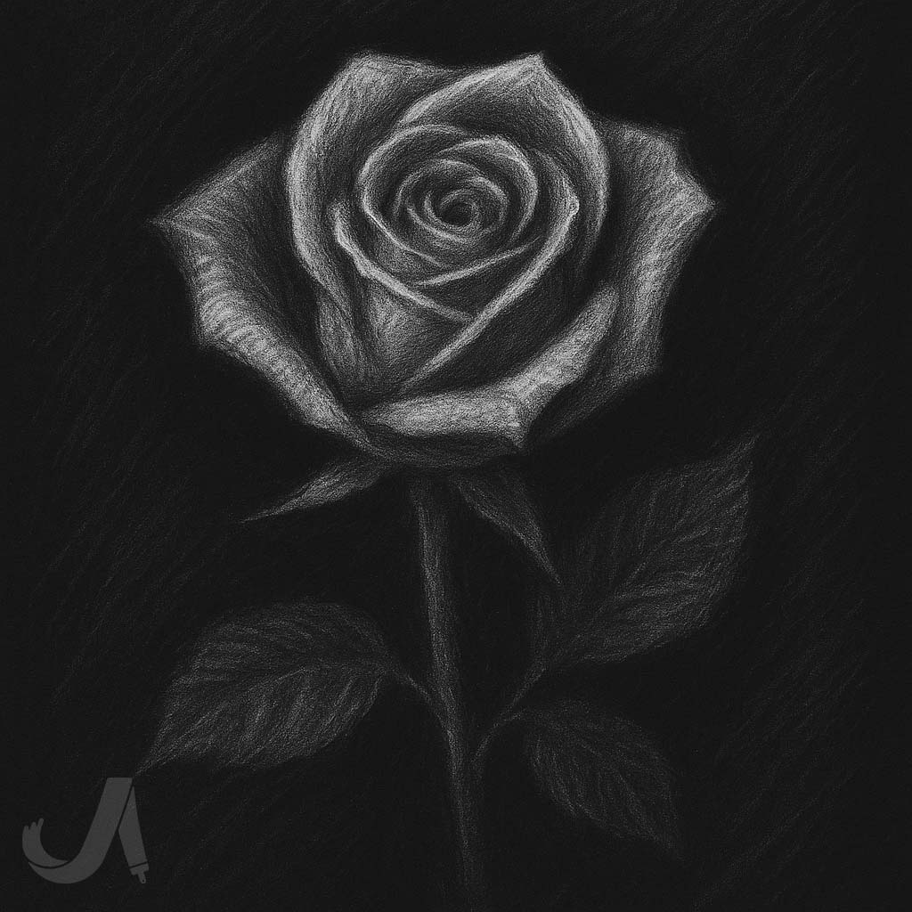 نقاشی گل رز ساده با تکنیک سیاه قلم